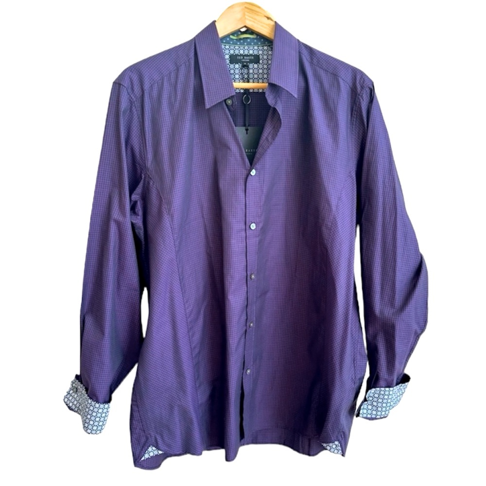 Ted Baker Checkered Long Sleeve Button Up Flip Cuff Dress Shirt Purple 2XL NWT